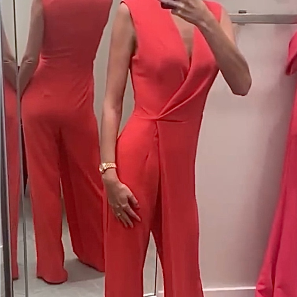 Watermelon color jumpsuit, size small, wedding guest outfit